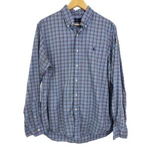 Ralph Lauren Classic Plaid Button Down Shirt Blue Cotton Mens Size L Preppy